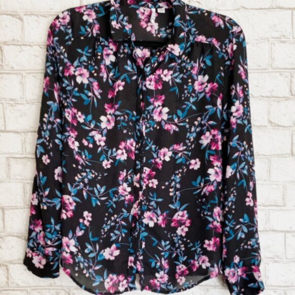 Pink and Blue Floral Button up Blouse - Picture 1 of 9